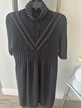 Calvin Klein Charcoal Gray Cable-Knit Turtleneck Short-Sleeve Sweater Dress